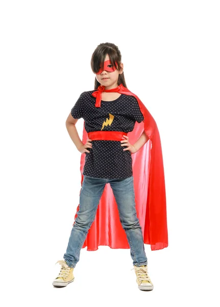 Cute little girl dressed as superhero on white background — Stock Photo, Image