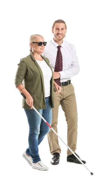 Blind mature woman with son on white background — Stock Photo, Image