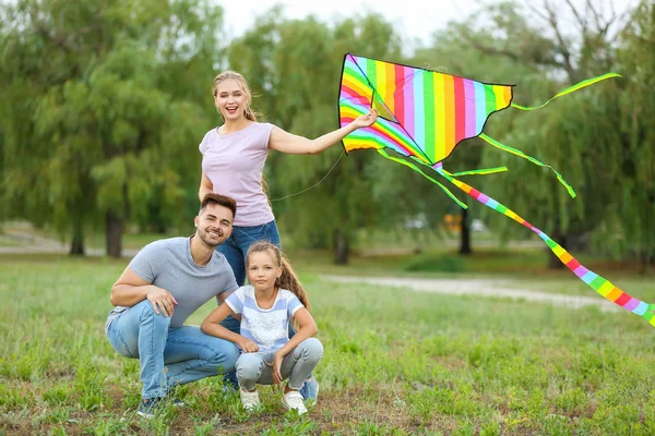 Gelukkige familie vliegende kite buitenshuis — Stockfoto