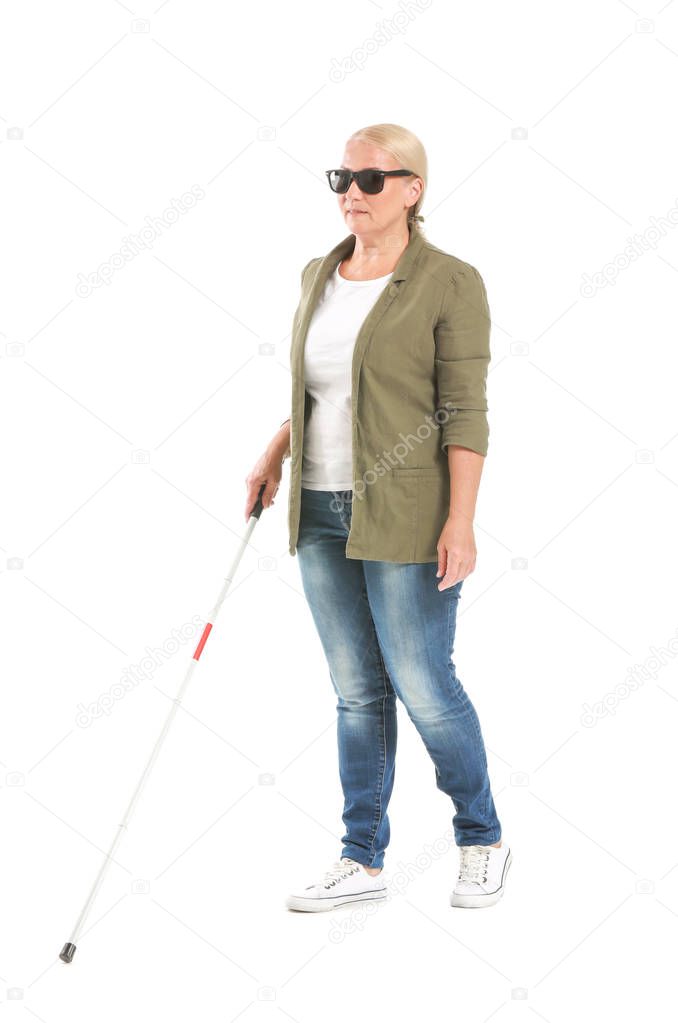 Blind mature woman on white background
