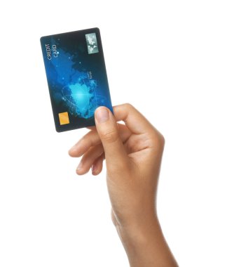 Beyaz arka planda kredi kartı ile kadın el