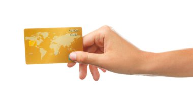 Beyaz arka planda kredi kartı ile kadın el