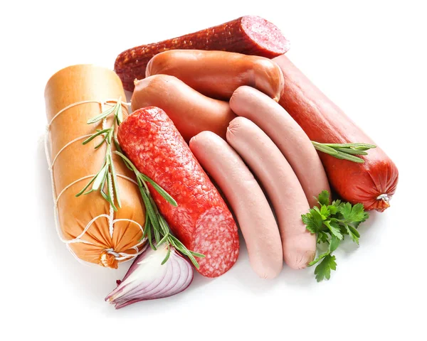 Assortment of sausages on white background — Stock Photo, Image