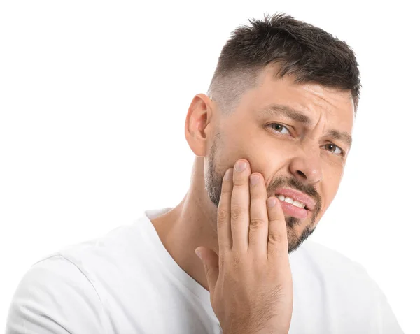 Homme souffrant de maux de dents sur fond blanc — Photo
