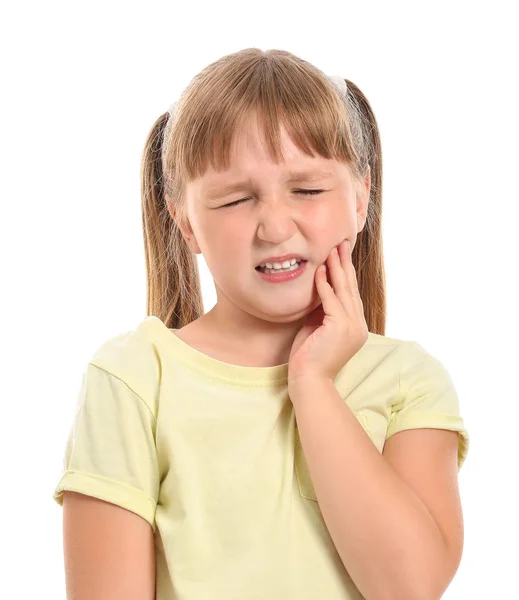 Little girl suffering from toothache on white background — Stock Photo, Image