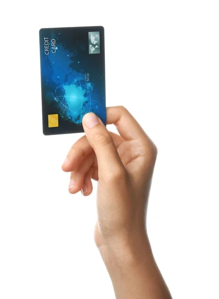 Main féminine avec carte de crédit sur fond blanc — Photo