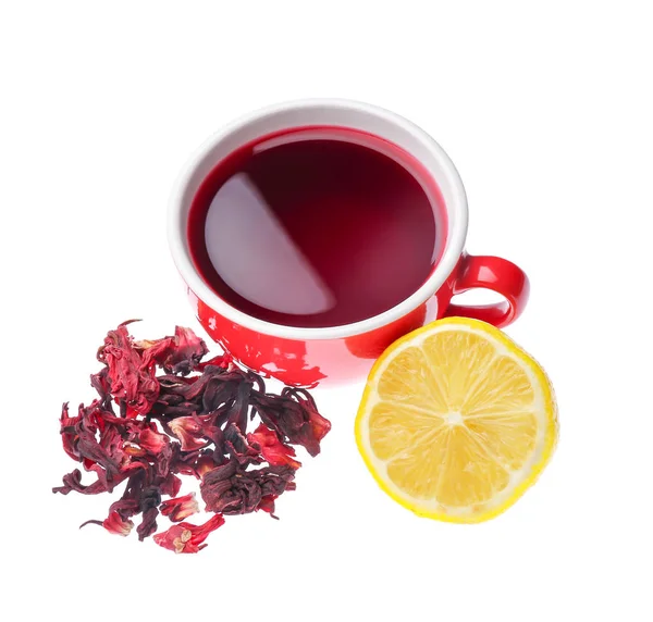 Cup of hot hibiscus tea with lemon on white background — Stock Photo, Image