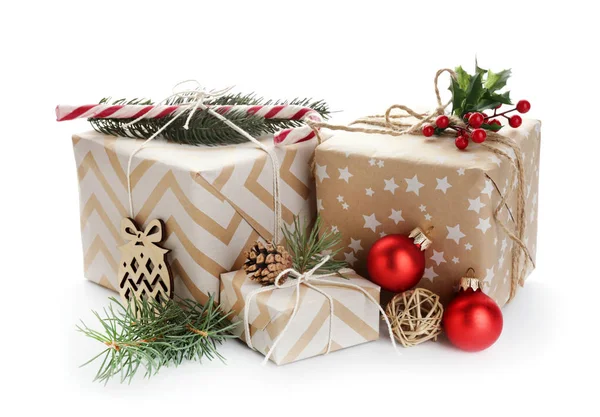 Beautiful Christmas gifts on white background — Stock Photo, Image
