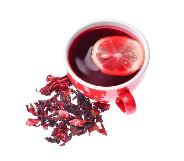 Cup of hot hibiscus tea with lemon on white background — Stock Photo, Image