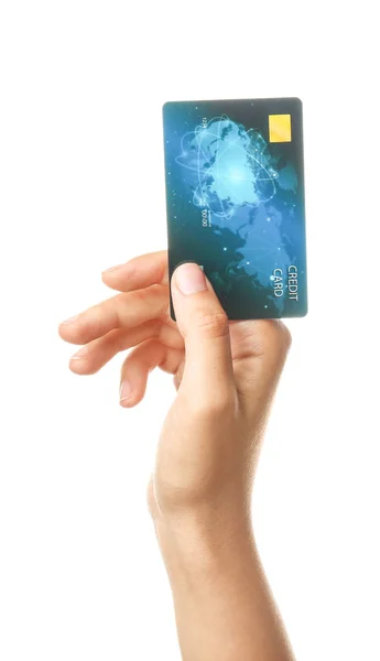 女性手与信用卡在白色背景 — 图库照片