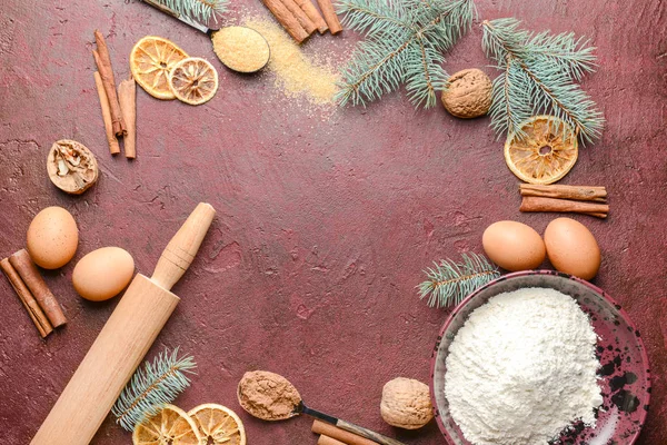 Frame made of ingredients for Christmas pie on color background — Stock Photo, Image