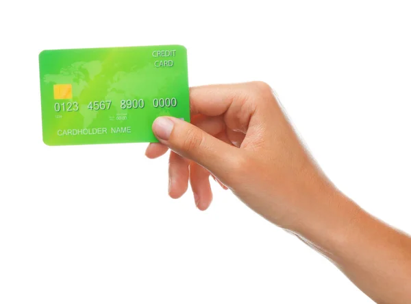 白い背景にクレジットカードを持つ女性の手 — ストック写真