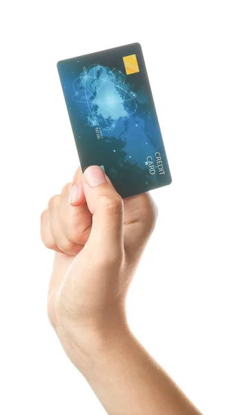 Vrouwelijke hand met creditcard op witte achtergrond — Stockfoto