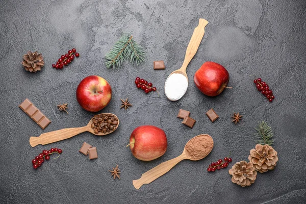 Ingredients for Christmas pie on dark background — Stock Photo, Image