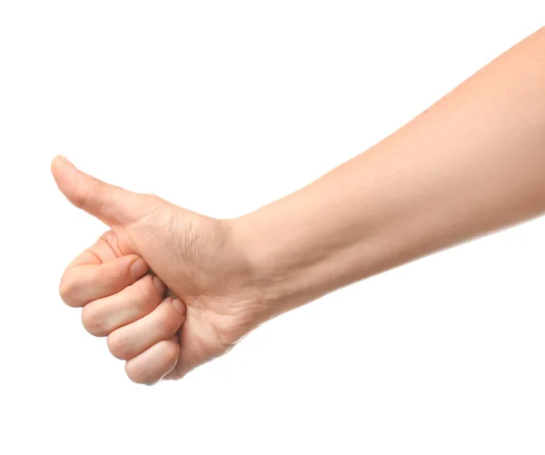 하얀 배경 위에 엄지손가락을 올려 몸짓을 하는 여성 — 스톡 사진