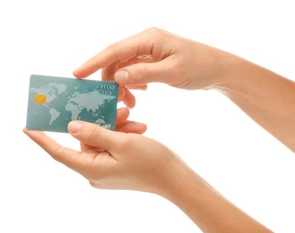 Female hands with credit card on white background — Stock Photo, Image