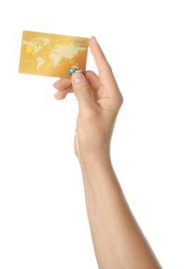 Beyaz arka planda kredi kartı ile kadın el