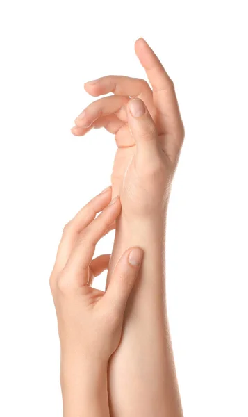 Beautiful female hands on white background — Stock Photo, Image