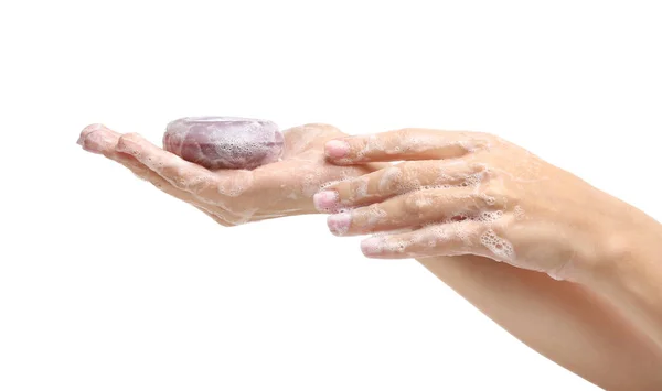 Női kezet szappannal, fehér háttér — Stock Fotó