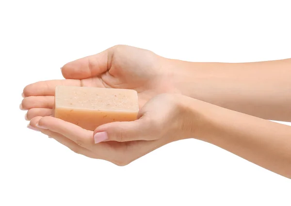 Female hands with soap on white background — Stock Photo, Image