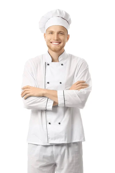 Pohledný mužský šéfkuchař na bílém pozadí — Stock fotografie