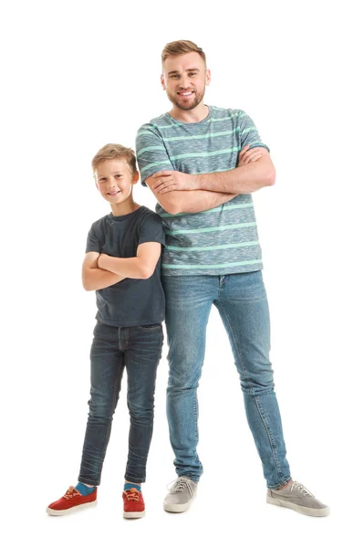 Portrait of happy father and son on white background — Stock Photo, Image