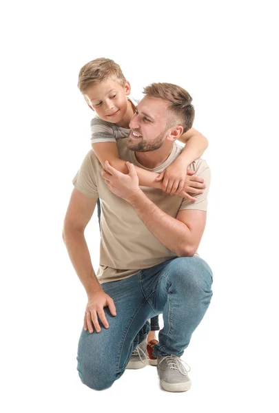 Portrait of happy father and son on white background — Stock Photo, Image