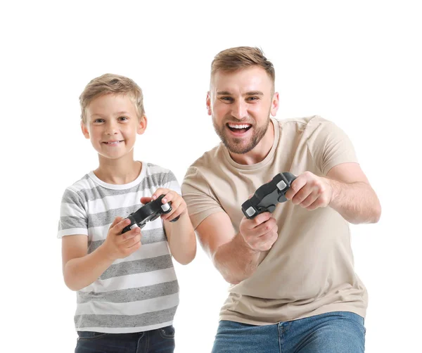 Portrait of father and son playing video game on white background — Stock Photo, Image