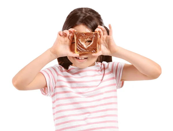白い背景においしいトーストを持つ面白い小さな女の子 — ストック写真