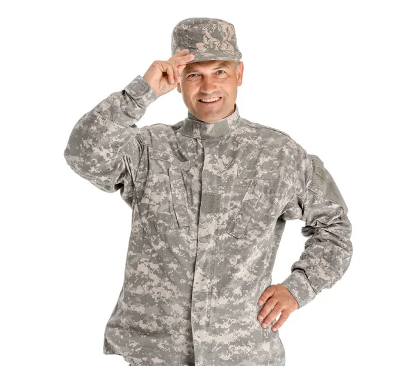 Mature male soldier on white background — Stock Photo, Image