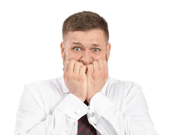 Businessman having panic attack on white background — Stock Photo, Image