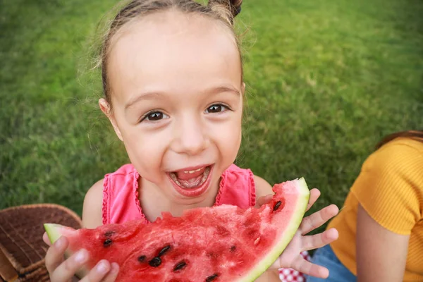 Cute little girl eating sweet watermelon in park