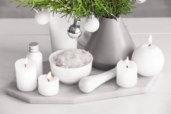 Christmas decor and products for spa treatment on table — Stock Photo, Image