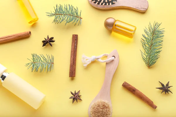 Renk arka planda spa tedavisi için Noel kompozisyon ürünleri — Stok fotoğraf