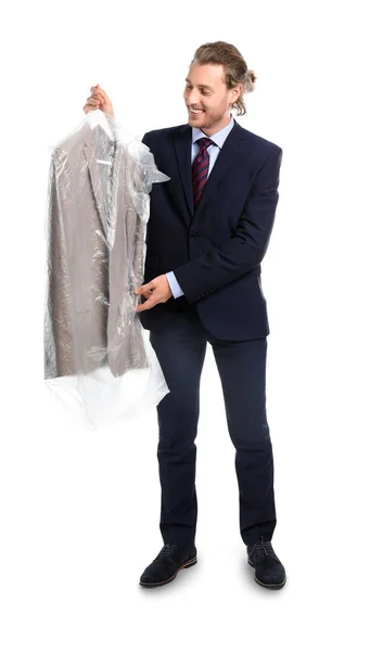 Businessman with clothes after dry-cleaning on white background — Stock Photo, Image