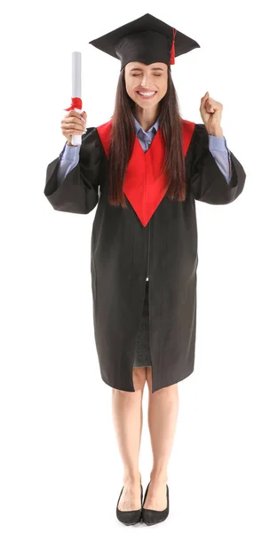 Ευτυχισμένη γυναίκα απόφοιτος με δίπλωμα σε λευκό φόντο — Φωτογραφία Αρχείου