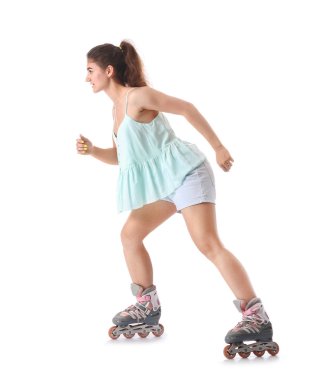 Beyaz arka plan karşı paten üzerinde Genç kız
