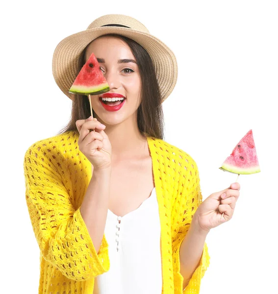Beautiful young woman with slices of fresh watermelon on white background — Stock Photo, Image