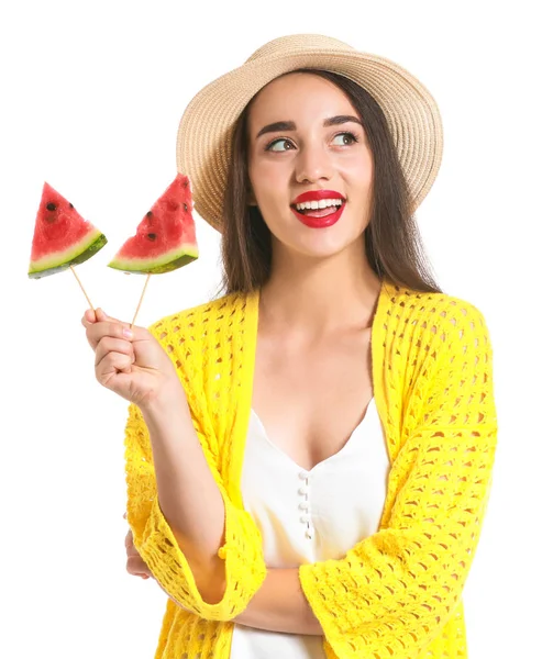 Beautiful young woman with slices of fresh watermelon on white background — Stock Photo, Image