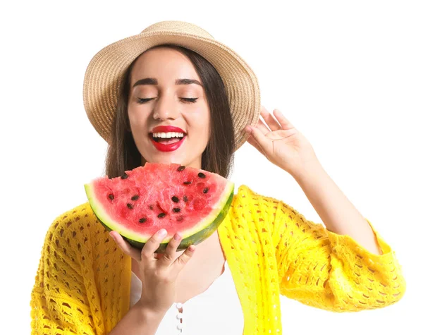 Beautiful young woman with slice of fresh watermelon on white background — Stock Photo, Image