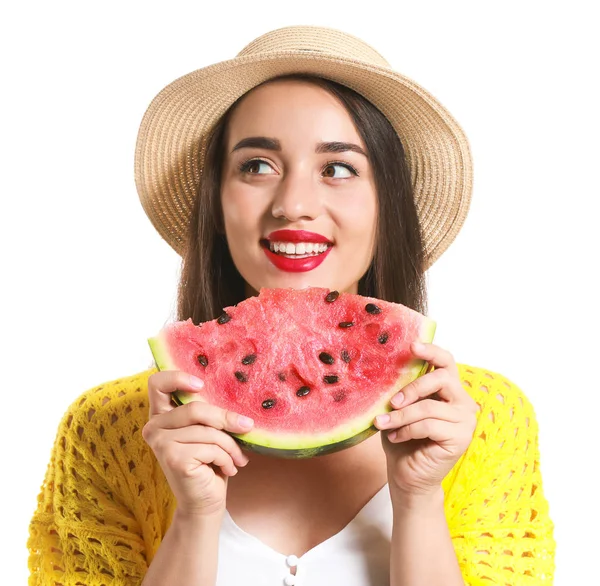 Beautiful young woman with slice of fresh watermelon on white background — Stock Photo, Image