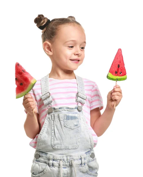 Vicces kislány szelet friss görögdinnye fehér háttér — Stock Fotó