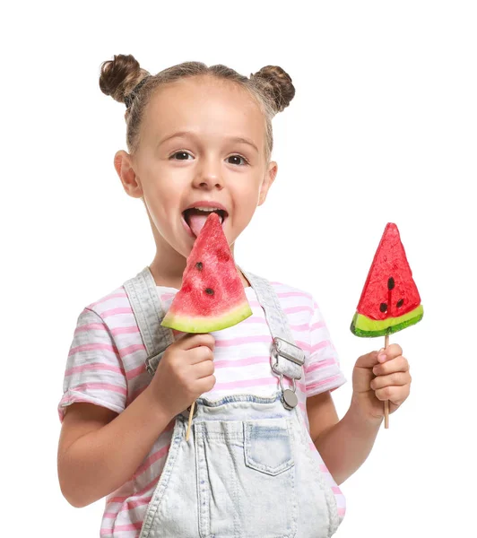 Funny little girl with slices of fresh watermelon on white background — Stock Photo, Image