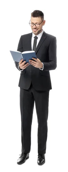 Handsome male teacher with book on white background — Stock Photo, Image
