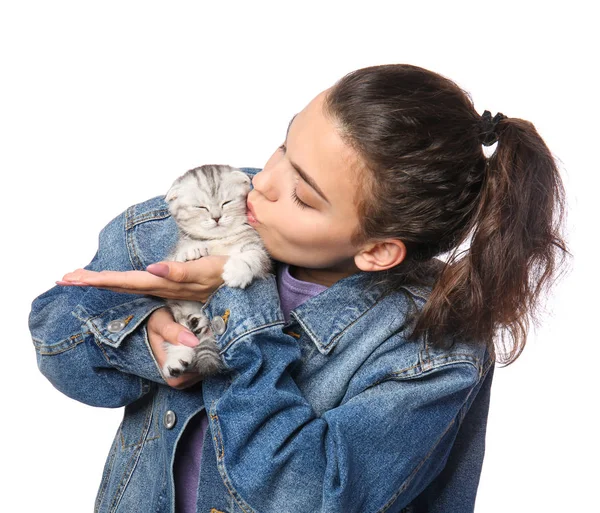 Beautiful young woman with cute little kitten on white background — Stock Photo, Image