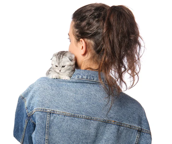 Beautiful young woman with cute little kitten on white background — Stock Photo, Image