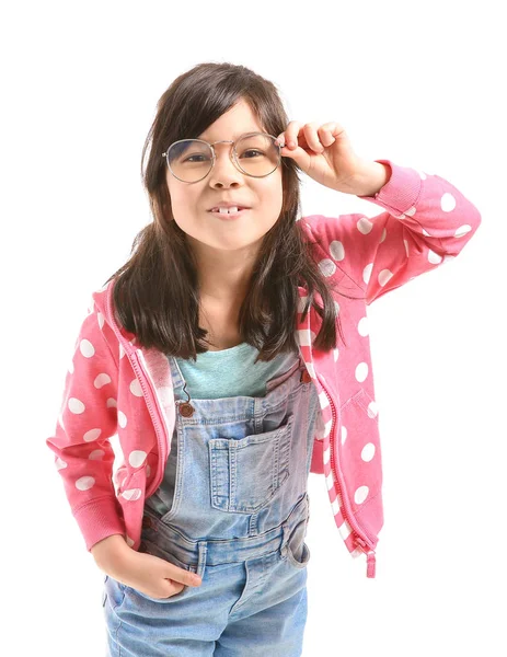 Portrait of cute little girl wearing eyeglasses on white background — Stock Photo, Image