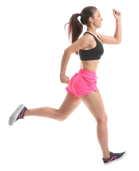 Running sporty woman on white background — Stock Photo, Image