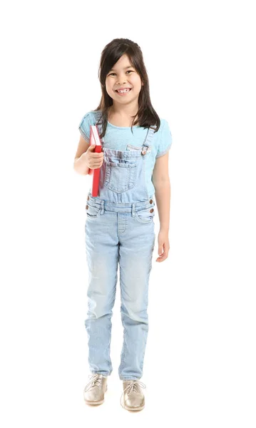 Portrait of cute little girl with book on white background — Stock Photo, Image