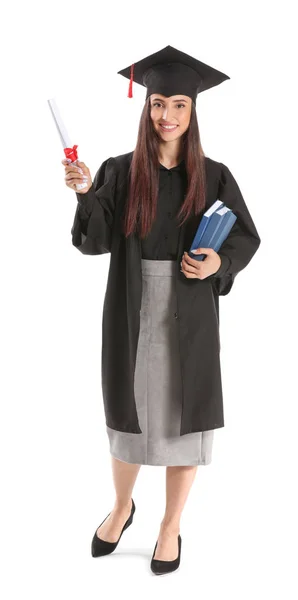 Ženská absolventka s diplomem na bílém pozadí — Stock fotografie